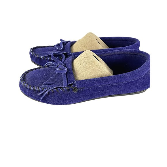Minnetonka Blue Suede Kilty Moccasins - Picture 1 of 10
